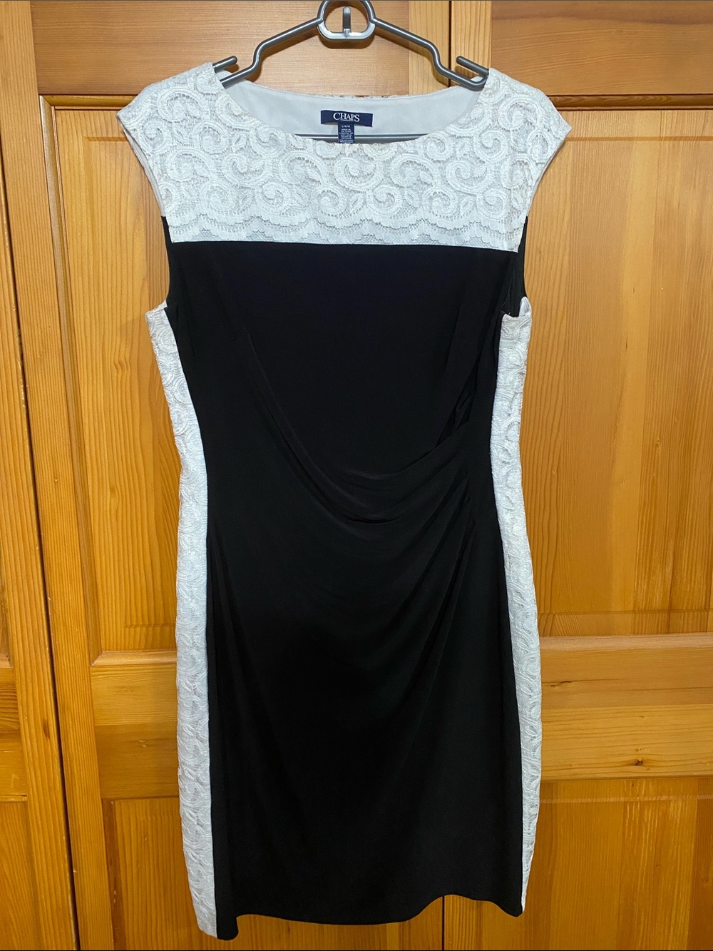 Chaps Black and White Lace-Trim Midi Dress